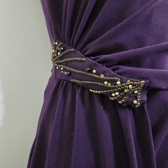 CALVIN KLEIN size 6 Stretch Zip Ruched One Shoulder Embellished Dress Purple - Picture 3 of 16